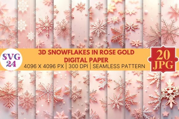 3D Snowflakes in Rose Gold Digital Paper