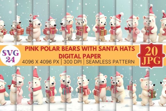 Designing Winter Magic with Polar Bears with Santa Hats Digital Paper