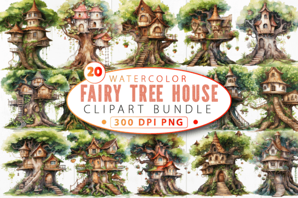 Elevating Creative Projects with a Watercolor Fairy Tree House Clipart Bund